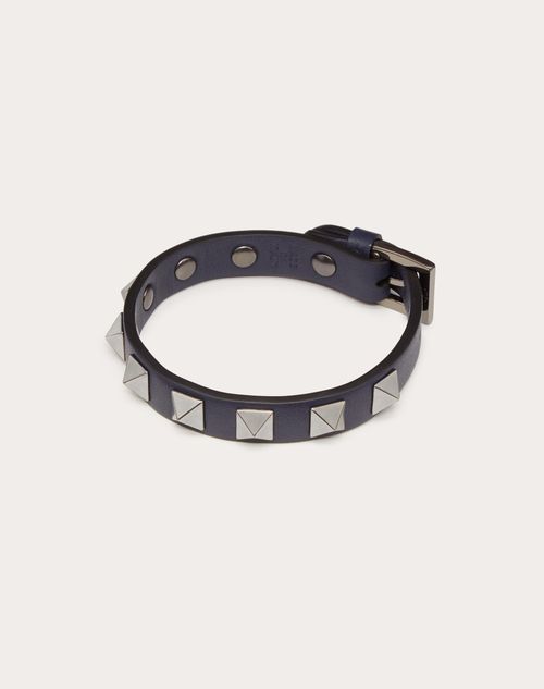 Rockstud Leather Bracelet With Ruthenium Studs for Man in Marine