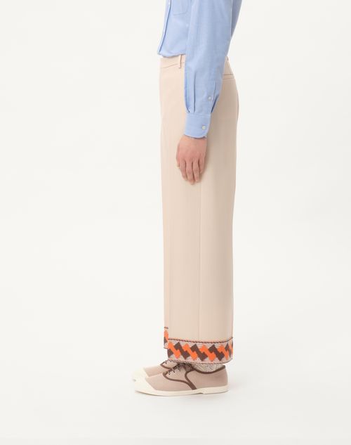 Wool Gabardine Trousers With Jacquard Hem for Man in Butter Wool Gabardine Trousers With Jacquard Hem for Man in Butter
