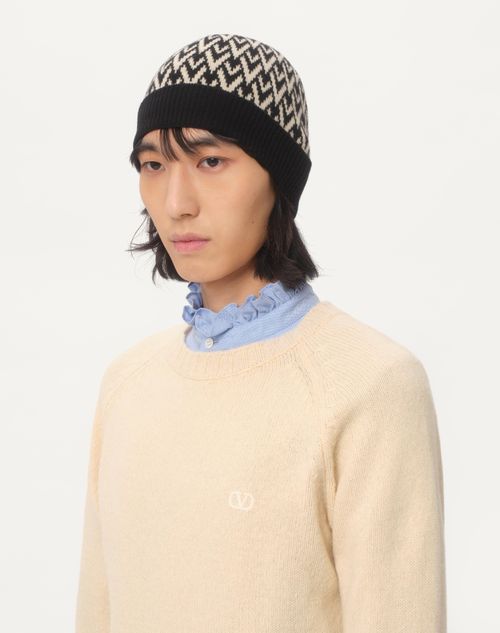 Valentino Garavani - Toute La V Signature Knitted Wool Beanie - Black/cream - Man - Hats And Gloves