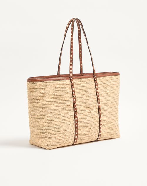 Valentino Garavani - Valentino Garavani Rockstud Raffia Shopping Bag. - Natural/saddle Brown - Woman - Totes