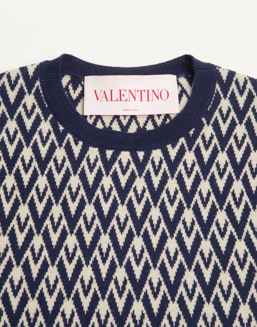 Valentino - Toute La V Jacquard Wool Sweater - Cream/navy - Woman - Knitwear