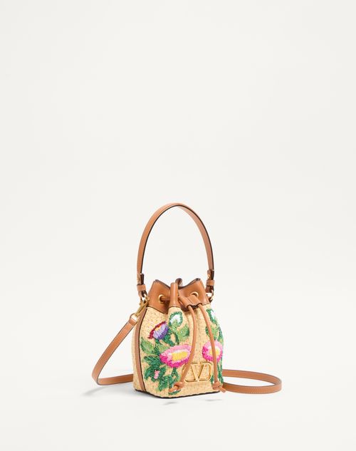 Valentino Garavani - Vlogo Signature Mini Bucket Bag In Synthetic Raffia With Floral Embroidery - Multicolor/camel - Woman - Summer Totes - Bags (vlogo Totes/signature)