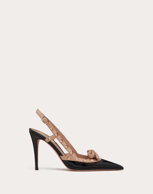 Valentino Garavani - Escarpins À Bride Arrière Rockstud En Cuir Verni Ornés D'un Nœud, Talon : 100 mm - Noir - Femme - Escarpins