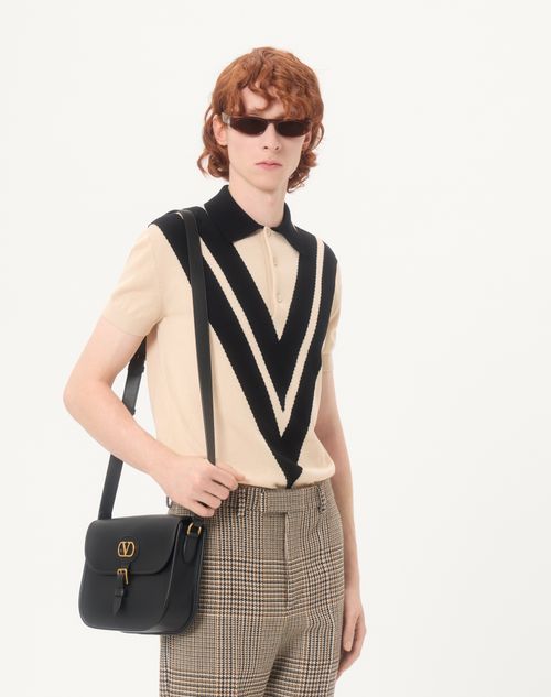 Valentino - Valentino Cotton Polo Shirt With Inlaid V - Butter/black - Man - Knitwear