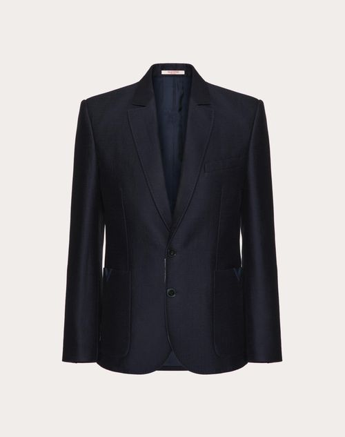 Valentino - Giacca Monopetto In Lana E Seta Con V Detail Gommate - Navy - Uomo - Cappotti E Blazer