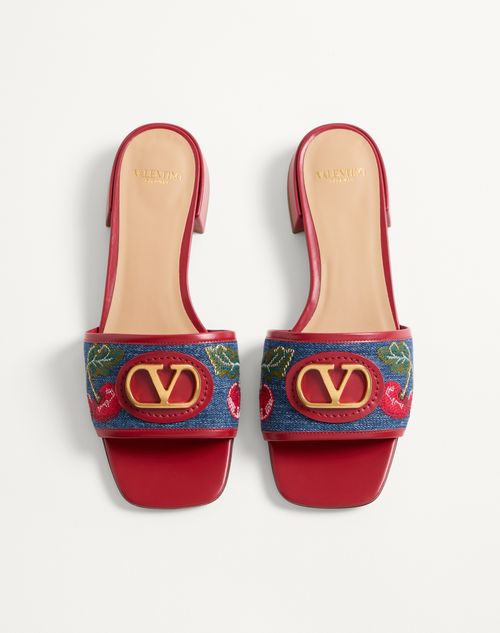 Valentino Garavani - Vlogo Signature Denim Slide Sandal With Cherryfic Embroidery 20mm - Denim/multicolour - Woman - Sandals