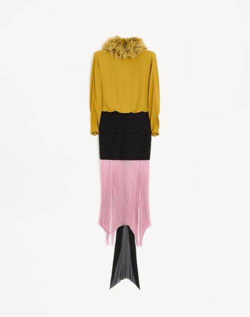 Valentino - Langes Kleid Aus Light Georgette Mit Federn - Ocker/schwarz/rosa - Frau - Kleider