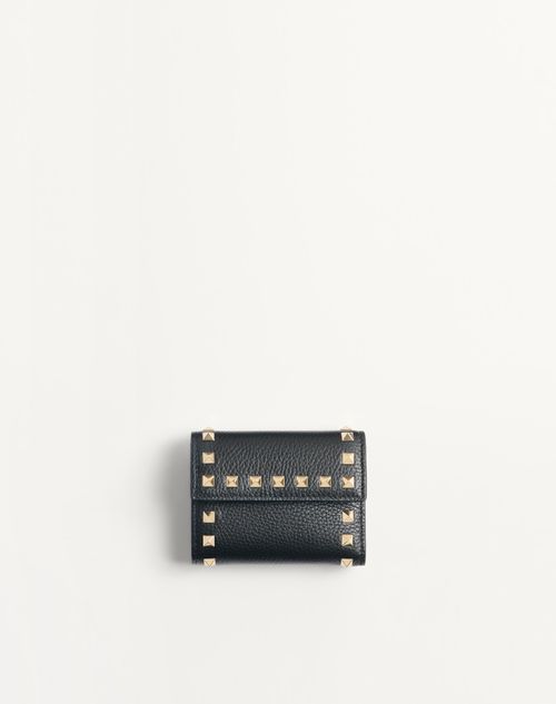 Valentino Garavani Rockstud Trifold Wallet In Grainy Calfskin Woman Black Onesize