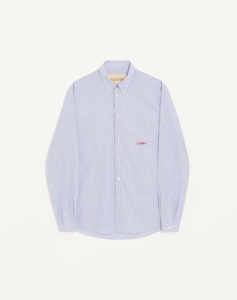 Valentino Men's Azure/White Striped Cotton Shirt With Embroidery Man 44