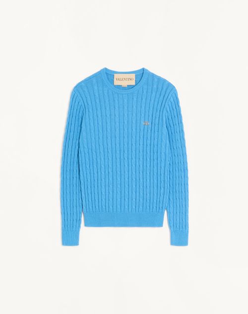 Valentino - Valentino Cable-knit Cotton Crew Neck Jumper With Vlogo On The Chest - Azure - Man - Knitwear