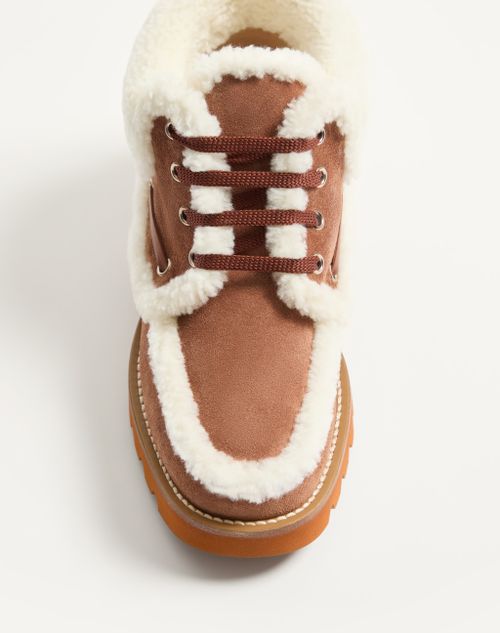 Valentino Garavani - Palm Avenue Ankle Boot In Split-grain Leather And Wool 25mm - Tobacco/natural - Woman - Boots And Ankle Boots
