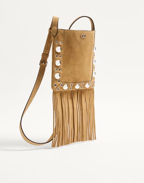 Valentino Garavani - Valentino Garavani Nellcôte Small Shoulder Bag In Suede With Fringes - Havana Beige - Woman - Shoulder Bags