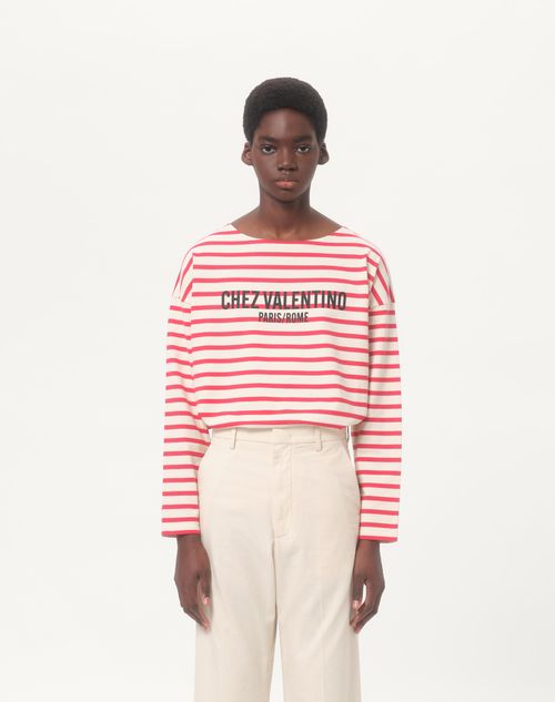 Valentino - Long-sleeved Cotton T-shirt With Chez Valentino Print - Butter/red - Man - Tshirts And Sweatshirts