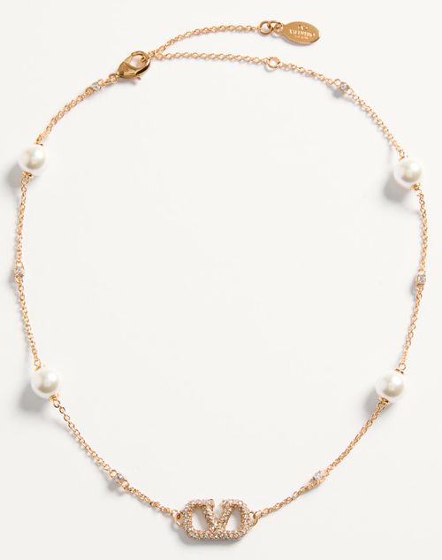 Valentino Garavani Vlogo Signature Metal Necklace With Swarovski® Crystals And Pearls Woman Gold Uni