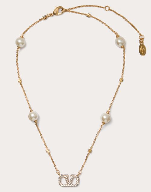 Valentino Garavani Vlogo Signature Metal Necklace With Swarovski® Crystals And Pearls Woman Gold Uni