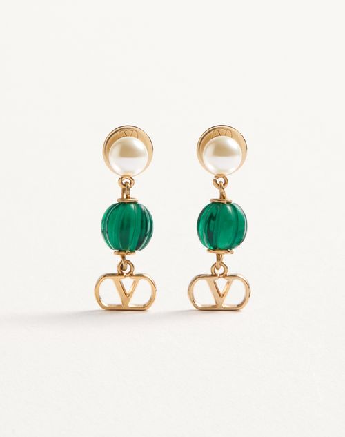 Valentino Garavani - Vlogo Signature Earrings In Metal, Pearl And Knurled Glass - Gold/green - Woman - Jewelry