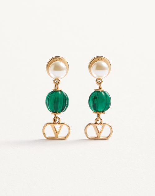 Valentino Garavani Vlogo Signature Earrings In Metal, Pearl And Knurled Glass Woman Gold/green Onesize