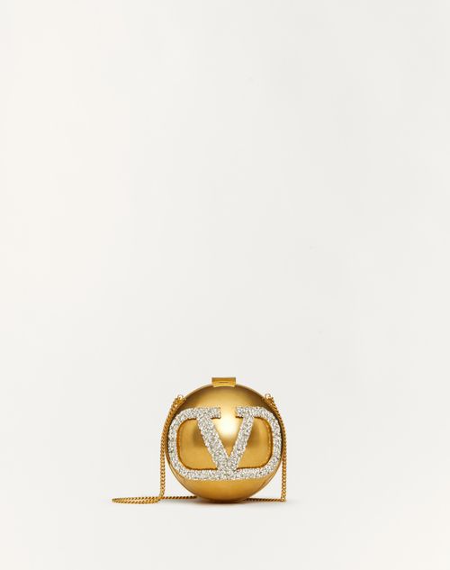 Valentino Garavani Vlogo Signature Minaudière In Metal And Swarovski® Crystals Woman Antique Brass/c