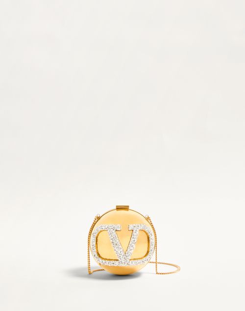 Valentino Garavani Vlogo Signature Minaudière In Metal And Swarovski® Crystals Woman Antique Brass/c In Antique Brass