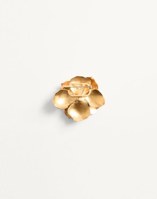 Valentino Garavani - Fleur Lumineuse Brooch In Metal And Fabric - Antique Brass - Woman - Jewelry