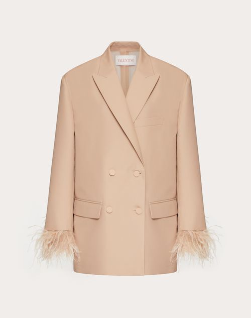 Valentino Oversized Double-breasted Feather-trimmed Woven Blazer In Sand