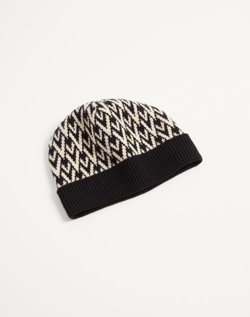 Valentino Garavani - Toute La V Signature Knitted Wool Beanie - Black/cream - Man - Hats And Gloves