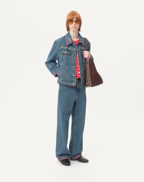 Valentino - Denim Jacket With Beaded Embroidery And Printed Edges - Blue - Man - Denim