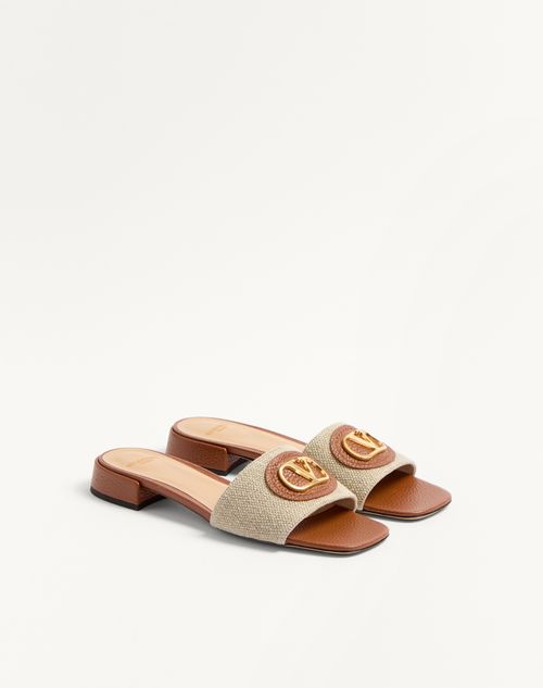Valentino Garavani - Vlogo Signature Slide Sandal In Canvas 20mm - Natural/saddle Brown - Woman - Slides And Thongs