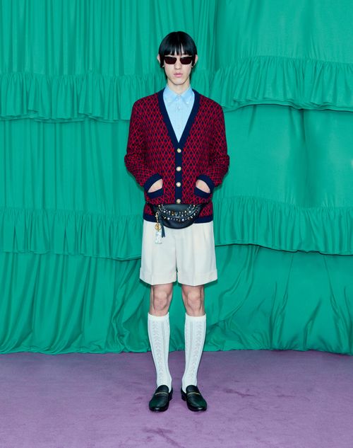 Valentino - Wool Cardigan With Toute La V Pattern - Navy/ Red - Man - Knitwear