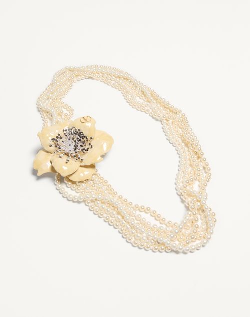 Valentino Garavani - Valentino Garavani Fleur Lumineuse Necklace In Metal, Enamel, Pearls And Fabric - Gold/cream - Man - Jewellery