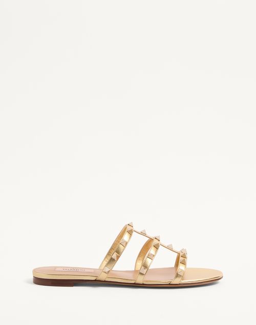 Valentino Garavani Rockstud Laminated Nappa Slide Sandal Woman Antique Brass 41 In Antique Brass