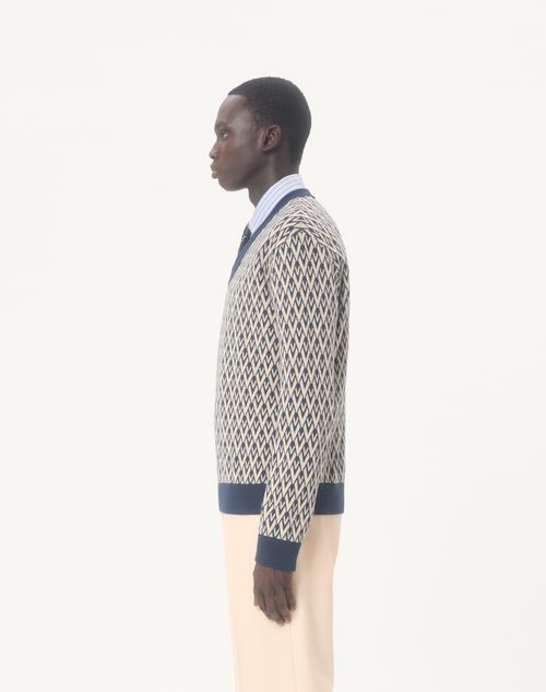 Valentino - Wool Sweater With Toute La V Jacquard Pattern - Navy/cream - Man - Knitwear