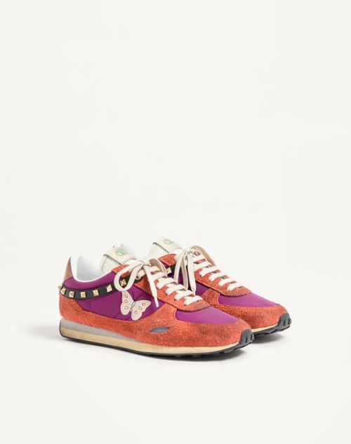 Valentino Garavani - Stud Up Sneaker In Split Leather And Nylon With Butterfly Embroidery - Orange/purple - Man - Sneakers