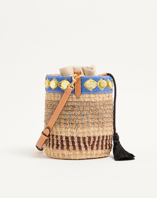 Valentino Garavani - Valentino Garavani Small Embroidered Bucket Bag In Raffia - Natural/azure - Woman - Shoulder Bags