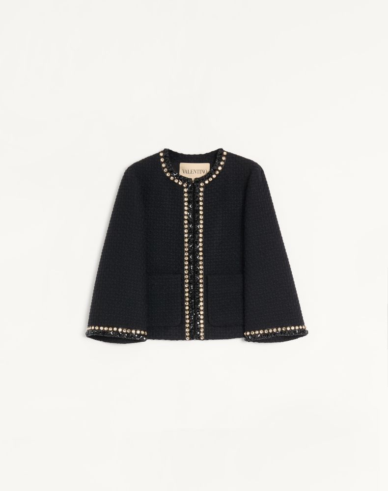 Valentino Women's Black Embroidered Canestrello Tweed Jacket Woman 50