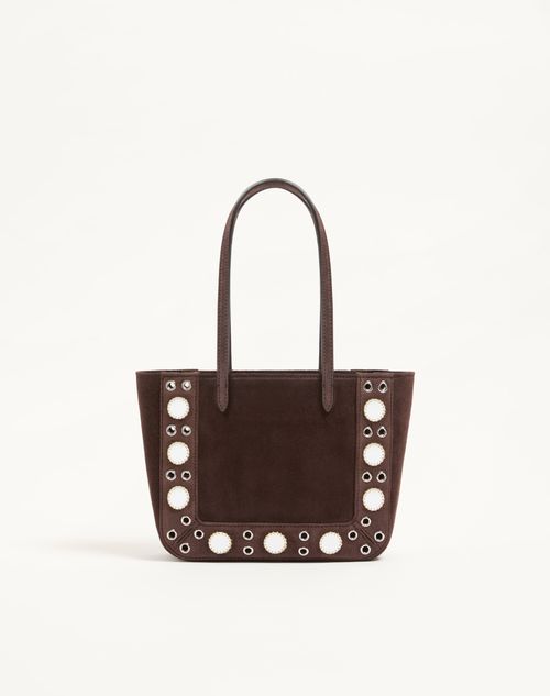 Valentino Garavani - Valentino Garavani Nellcôte Mini Suede Shopping Bag With Embroidered Trim - Ebony/multicolour - Woman - Totes