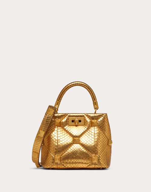 Valentino Garavani - Small Roman Stud The Handle Bag In Metallic Snakeskin - Antique Brass - Woman - Top Handle Bags