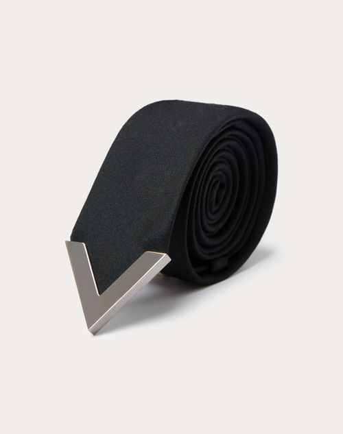 Valentino Garavani Wool And Silk Valentie Tie With Metal V Appliqué In Black
