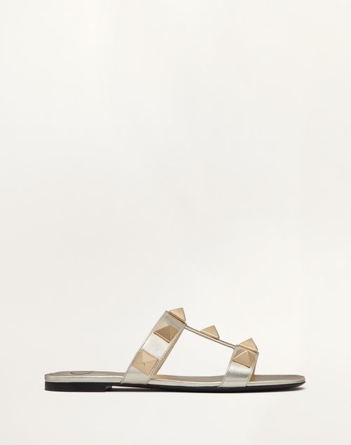 Valentino Garavani Roman Stud Metallic Nappa Slide Sandal With Matching Studs Woman Platinum 39.5 In Platinum