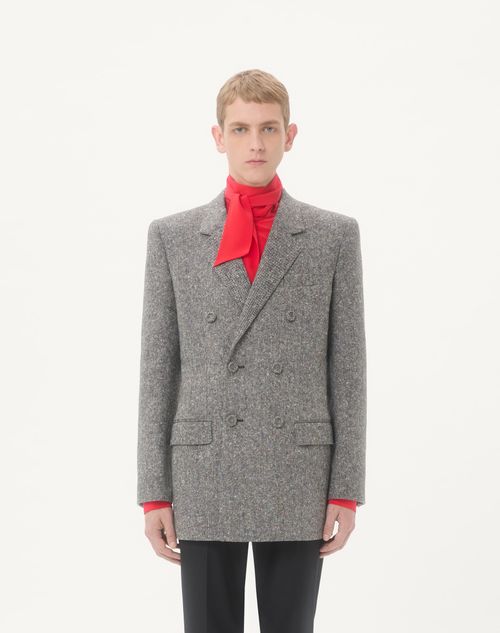 Valentino - Valentino Double-breasted Jacket In Natté Boutonné Wool - Ivory/black - Man - Coats And Blazers