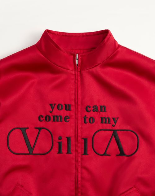 Valentino - Valentino Nylon Satin Bomber Jacket With You Can Come To My Villa Embroidery - Red - Man - Outerwear