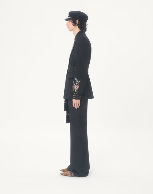 Valentino - Valentino Embroidered Belted Jacket In Grain De Poudre Wool - Black - Man - Coats And Blazers