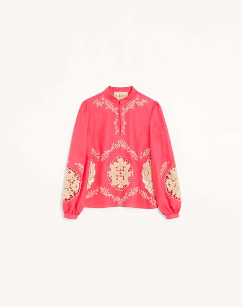Valentino Women's Coral/Beige Embroidered Couture Linen Top Woman 40