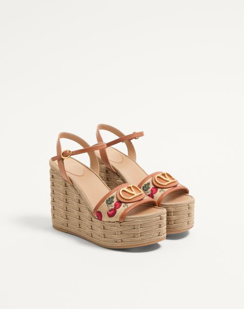 Valentino Garavani - Vlogo Signature Cherryfic Pattern Wedge Sandal 120mm - Natural/red - Woman - Espadrilles And Wedges