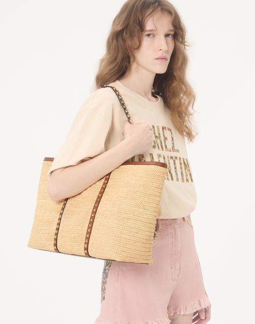 Valentino Garavani - Valentino Garavani Rockstud Raffia Shopping Bag. - Natural/saddle Brown - Woman - Totes
