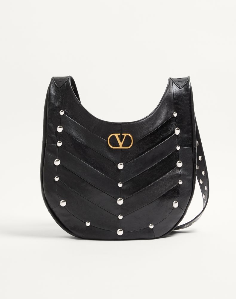 Valentino Garavani Women's Black Hoboho Hobo Bag In Chevron-Patterned Nappa Leather With Studs Woman Uni