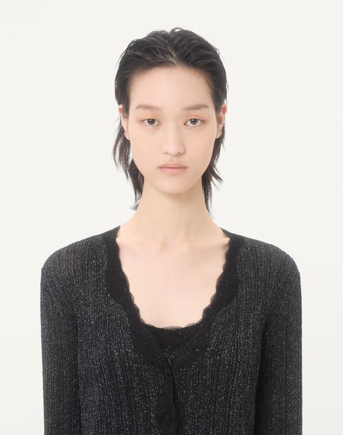 Valentino - Lurex Knitted Cardigan With Lace - Black/silver - Woman - Knitwear