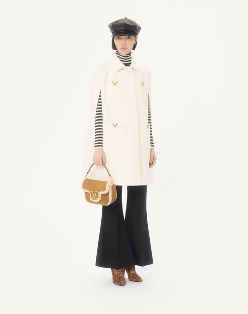 Valentino Garavani - Valentino Garavani Alltime Suede Shoulder Bag With Sheepskin Lining And Embroidered Ribbon Shoulder Strap - Havana Beige - Woman - Shoulder Bags