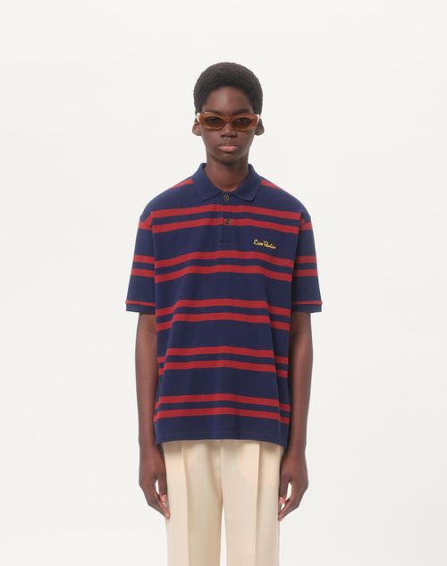Valentino - Cotton Piqué Polo Shirt With Chez Valentino Embroidery - Blue/red - Man - Tshirts And Sweatshirts