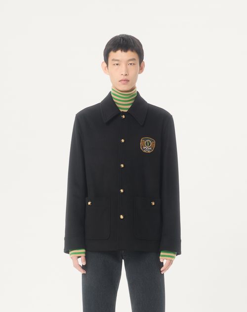Valentino - Valentino Wool And Cashmere Jacket With Embroidered Valentino Patch - Black - Man - Outerwear